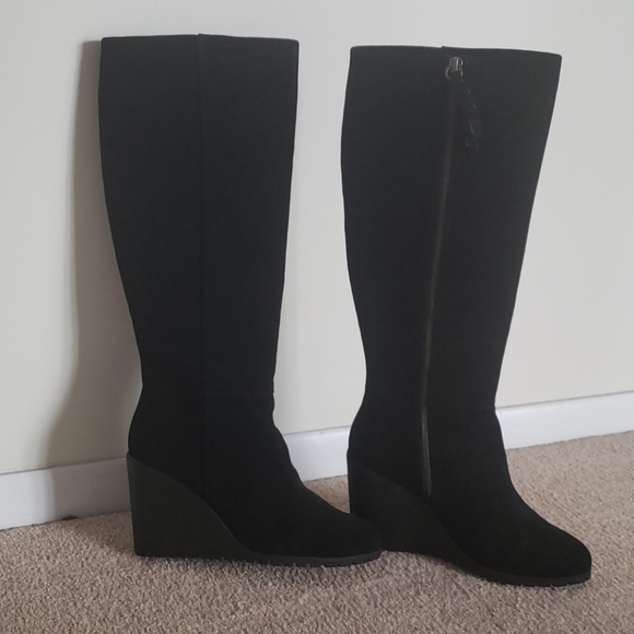 Splendid Shoes | New, Black Suede, 4 inch Wedge, Knee High Boots. | Color: Black | Size: 8.5 | Nikkibutters's Closet